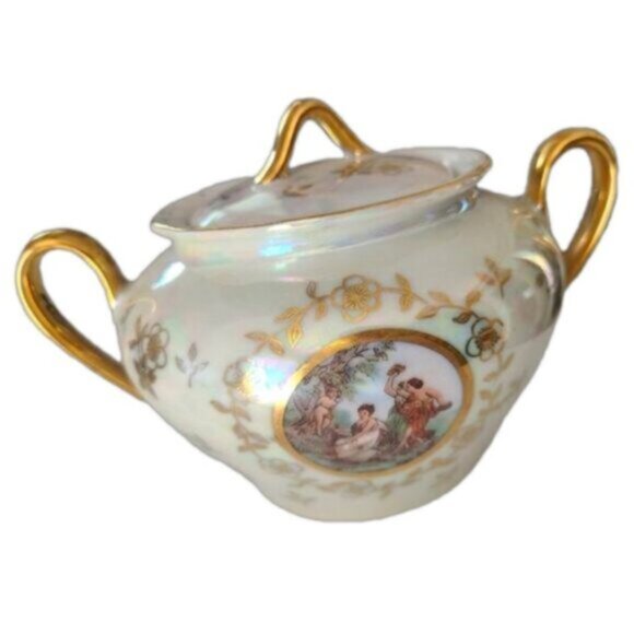 Beautiful Vintage Bavaria, East Germany, Irridescent Gilded Sugar Bowl With Lid - Picture 3 of 7